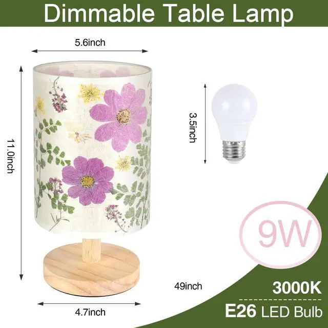 Alt view image 4 of 7 - Dried Flowers Small Table Lamp 9W LED Dimmable Warm Light Pressed Flower Bedside Lamp Linen Shade with Wood Base for Bedroom Living Room Desk Nursery