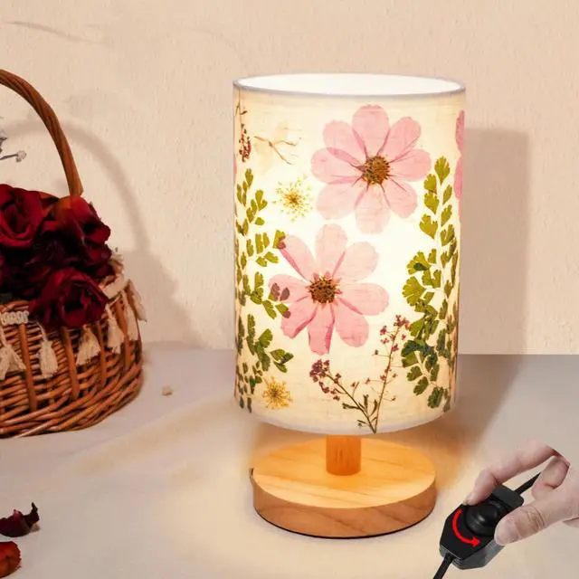 Alt view image 6 of 7 - Dried Flowers Small Table Lamp 9W LED Dimmable Warm Light Pressed Flower Bedside Lamp Linen Shade with Wood Base for Bedroom Living Room Desk Nursery