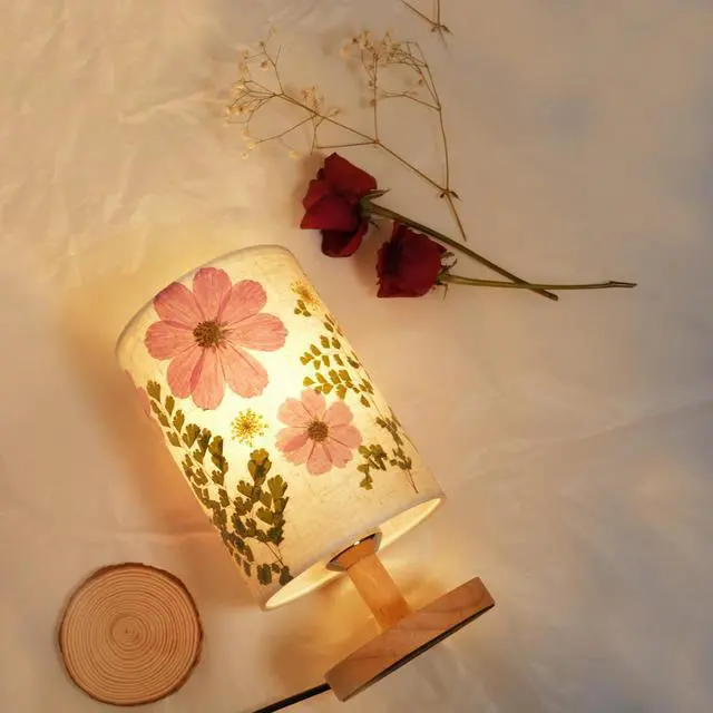 Alt view image 7 of 7 - Dried Flowers Small Table Lamp 9W LED Dimmable Warm Light Pressed Flower Bedside Lamp Linen Shade with Wood Base for Bedroom Living Room Desk Nursery