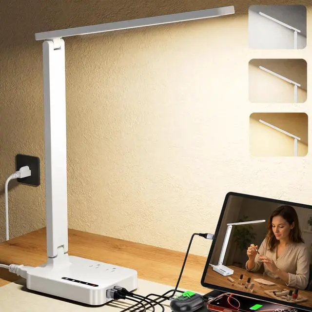 Main image of LED Desk Lamp for Dorm Office, USB-C,AC Outlet, Reading Light, White