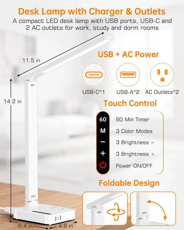 Alt view image 2 of 7 - LED Desk Lamp for Dorm Office, USB-C,AC Outlet, Reading Light, White