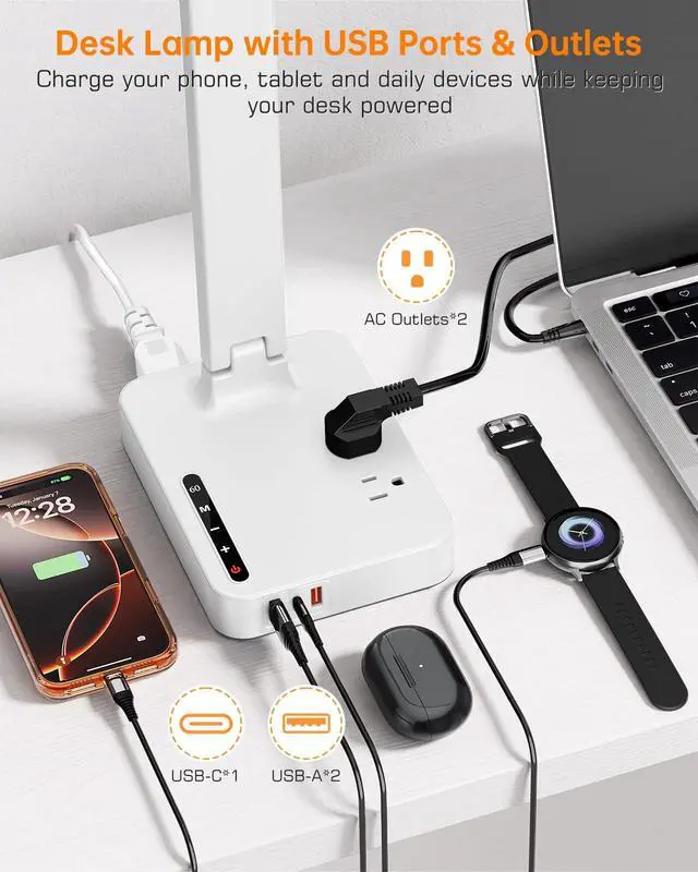 Alt view image 3 of 7 - LED Desk Lamp for Dorm Office, USB-C,AC Outlet, Reading Light, White