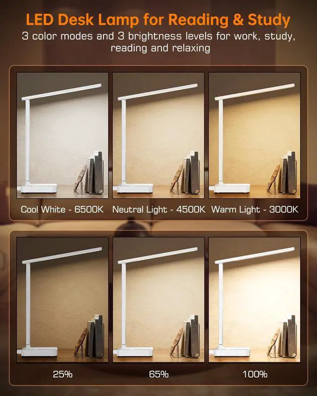Alt view image 4 of 7 - LED Desk Lamp for Dorm Office, USB-C,AC Outlet, Reading Light, White