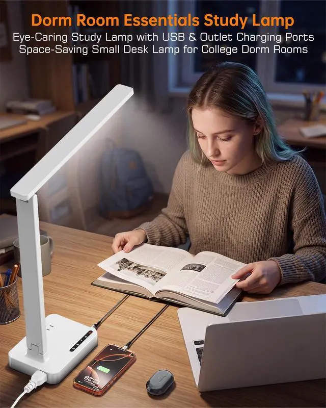Alt view image 5 of 7 - LED Desk Lamp for Dorm Office, USB-C,AC Outlet, Reading Light, White