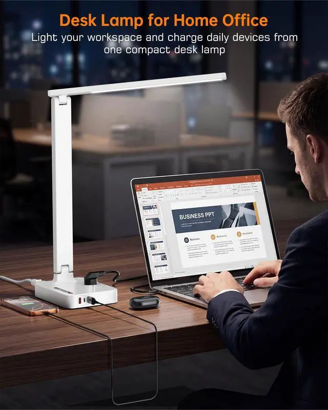 Alt view image 7 of 7 - LED Desk Lamp for Dorm Office, USB-C,AC Outlet, Reading Light, White