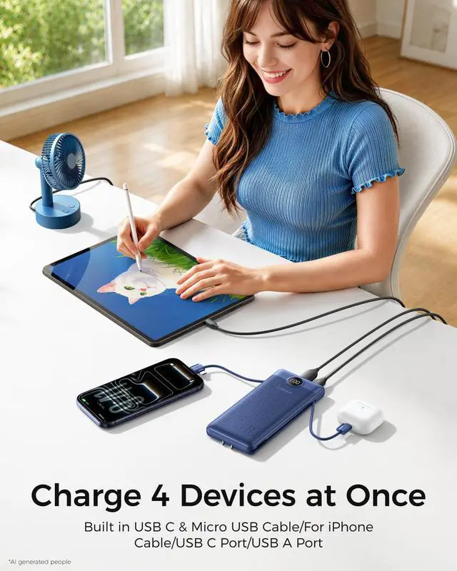 Alt view image 3 of 7 - Portable Charger with Built-in AC Plug and Cables, All in One 10000mAh Ultra Slim Power Bank Travel Essentials, USB C External Battery Pack Compatible with iPhone, Samsung, More, Navy