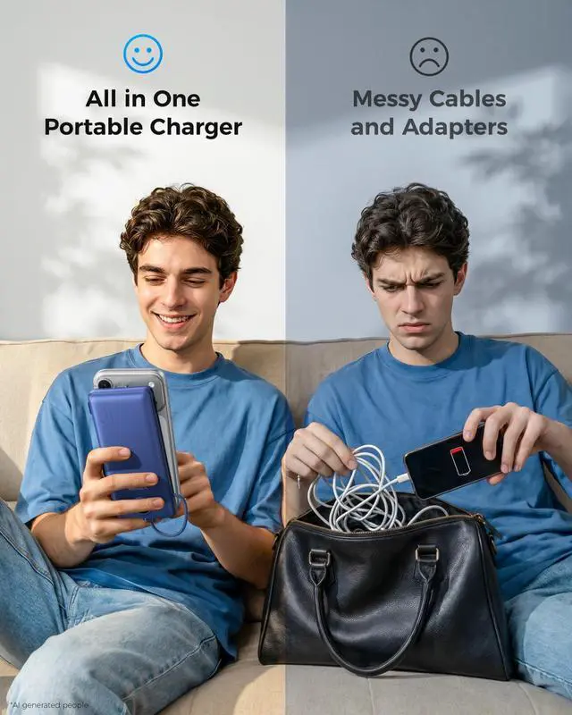 Alt view image 6 of 7 - Portable Charger with Built-in AC Plug and Cables, All in One 10000mAh Ultra Slim Power Bank Travel Essentials, USB C External Battery Pack Compatible with iPhone, Samsung, More, Navy