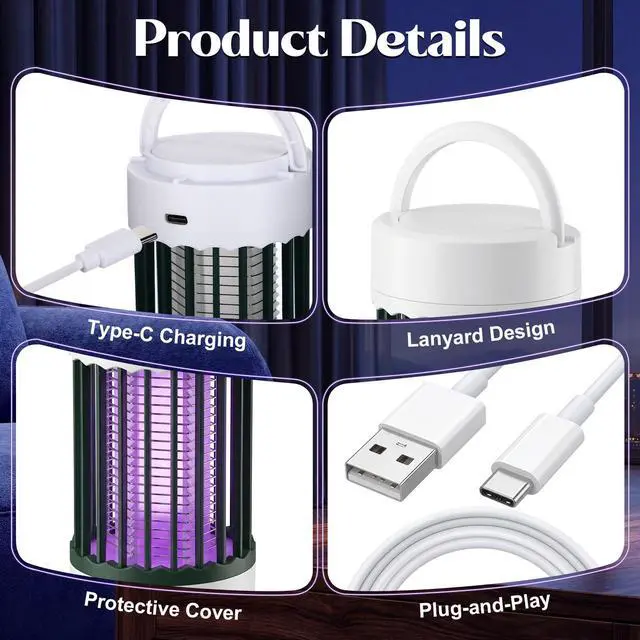 Alt view image 5 of 7 - 4 Pcs Bug Zapper Indoor USB Powered Mosquito Killer Lamp with 365nm UV Light, Portable Fruit Fly Gnat Trap for Home Bedroom Kitchen Office Gnats Moths