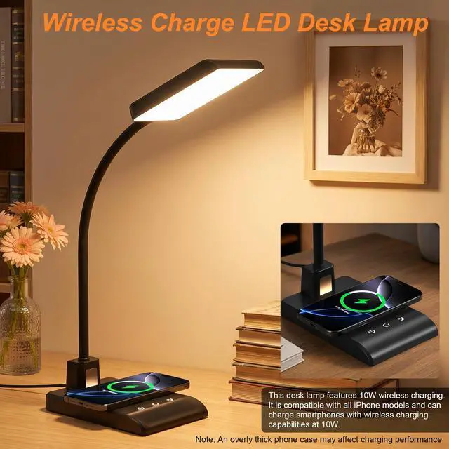 Alt view image 3 of 7 - Desk Lamp with Wireless Charger, LED Desk Lamps for Home Office with Night Light, 3 Color Modes with Stepless Dimming, CRI 90+, 1000lm, 360° Flexible Arm, Eye-Caring Study Lamp for College Dorm Room