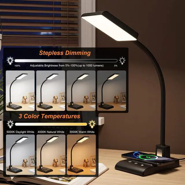 Alt view image 4 of 7 - Desk Lamp with Wireless Charger, LED Desk Lamps for Home Office with Night Light, 3 Color Modes with Stepless Dimming, CRI 90+, 1000lm, 360° Flexible Arm, Eye-Caring Study Lamp for College Dorm Room