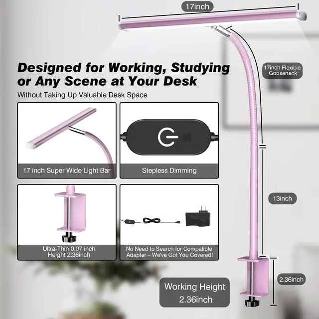 Alt view image 3 of 6 - LED Desk Lamp for Office Home, Eye-Caring Desk Light with Stepless Dimming Adjustable Flexible Gooseneck, 10W USB Adapter Desk Lamp with Clamp for Reading, Study, Workbench (Pink)