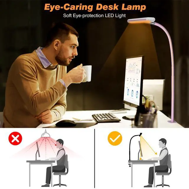 Alt view image 6 of 6 - LED Desk Lamp for Office Home, Eye-Caring Desk Light with Stepless Dimming Adjustable Flexible Gooseneck, 10W USB Adapter Desk Lamp with Clamp for Reading, Study, Workbench (Pink)