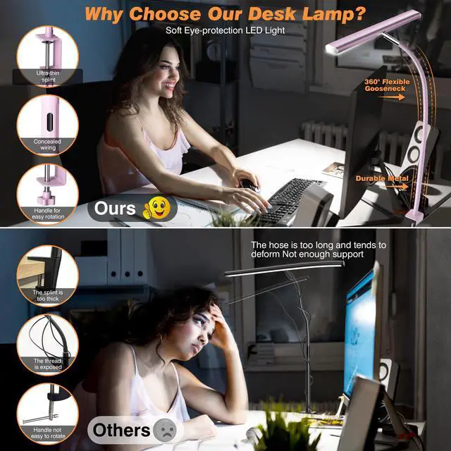 Alt view image 4 of 6 - LED Desk Lamp for Office Home, Eye-Caring Desk Light with Stepless Dimming Adjustable Flexible Gooseneck, 10W USB Adapter Desk Lamp with Clamp for Reading, Study, Workbench (Pink)