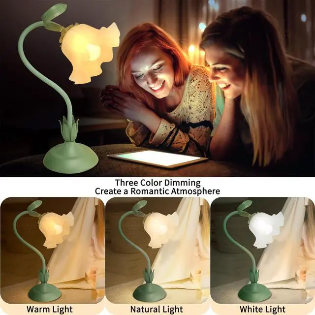 Alt view image 3 of 7 - Cute Flower Desk Lamp, 3 Color Temperature Table Lamp with LED Bulb, Vintage Bedside Lamps, Reading Lamps with Soft Light for Bedroom, Living Room