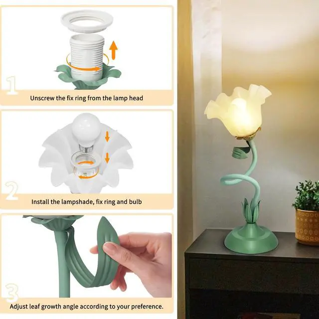 Alt view image 5 of 7 - Cute Flower Desk Lamp, 3 Color Temperature Table Lamp with LED Bulb, Vintage Bedside Lamps, Reading Lamps with Soft Light for Bedroom, Living Room