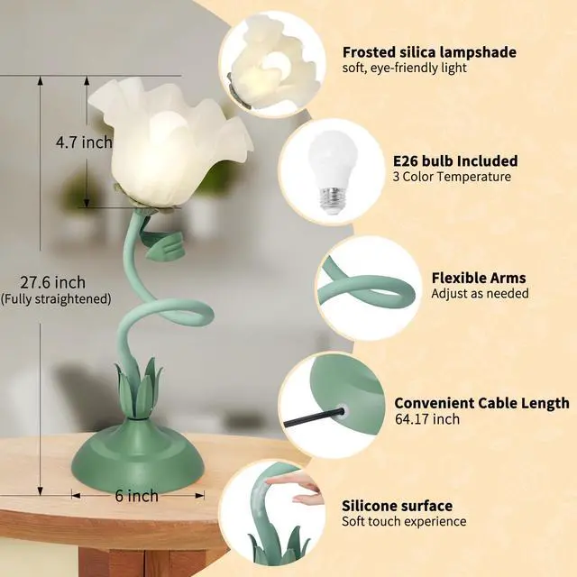Alt view image 4 of 7 - Cute Flower Desk Lamp, 3 Color Temperature Table Lamp with LED Bulb, Vintage Bedside Lamps, Reading Lamps with Soft Light for Bedroom, Living Room