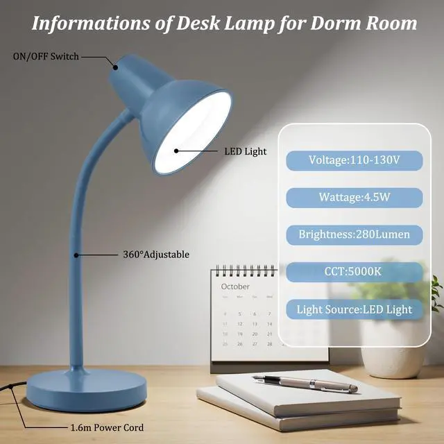 Alt view image 3 of 7 - LED Desk Lamp with Flexible Gooseneck, Eye-Caring 4.5W Energy-Saving Study Lamps, Anti-tip Heavy Duty Bedside Reading Light, Desk Lamps for College Dorm Room, Home Office, Modern Lamp with 1.6m Cord