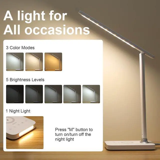 Alt view image 3 of 7 - LED Desk Lamp with USB Charger, USB Charging Port, Table Lamp with 5 Brightness Levels Touch Control, 30/60 min Auto Timer, Dimmable Eye-Caring Desk Light for Home Office