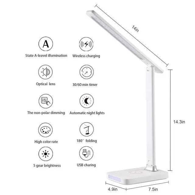 Alt view image 2 of 7 - LED Desk Lamp with USB Charger, USB Charging Port, Table Lamp with 5 Brightness Levels Touch Control, 30/60 min Auto Timer, Dimmable Eye-Caring Desk Light for Home Office