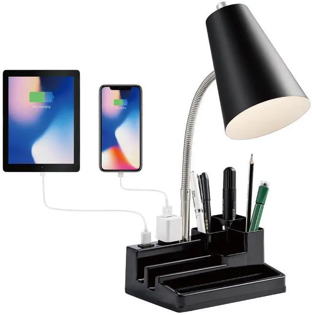 Main image of E26 Desk Lamp with 1 USB Charging Port and 1 AC Outlet, Organizer Base, Adjustable Neck, On/Off Switch, Modern Table Lamp for Reading, Working, Studying(Black)