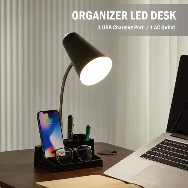Alt view image 2 of 6 - E26 Desk Lamp with 1 USB Charging Port and 1 AC Outlet, Organizer Base, Adjustable Neck, On/Off Switch, Modern Table Lamp for Reading, Working, Studying(Black)