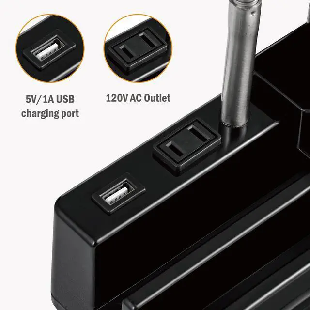 Alt view image 3 of 6 - E26 Desk Lamp with 1 USB Charging Port and 1 AC Outlet, Organizer Base, Adjustable Neck, On/Off Switch, Modern Table Lamp for Reading, Working, Studying(Black)