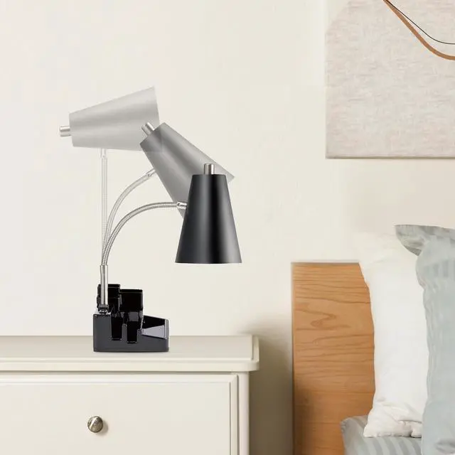 Alt view image 4 of 6 - E26 Desk Lamp with 1 USB Charging Port and 1 AC Outlet, Organizer Base, Adjustable Neck, On/Off Switch, Modern Table Lamp for Reading, Working, Studying(Black)