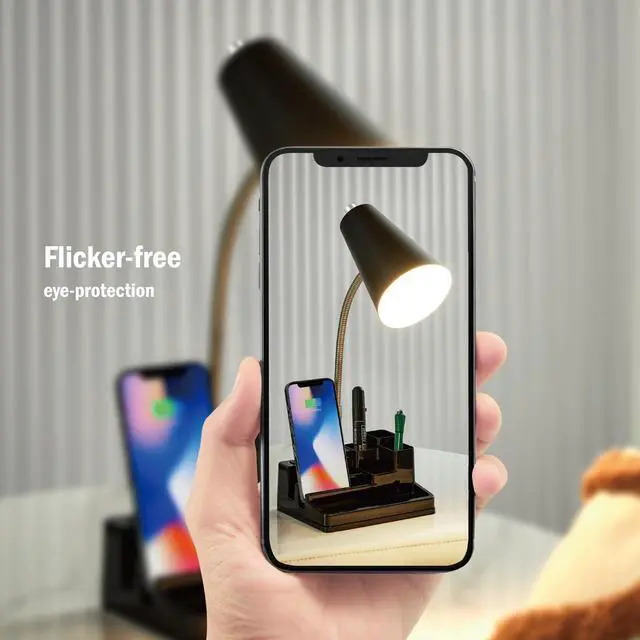 Alt view image 5 of 6 - E26 Desk Lamp with 1 USB Charging Port and 1 AC Outlet, Organizer Base, Adjustable Neck, On/Off Switch, Modern Table Lamp for Reading, Working, Studying(Black)