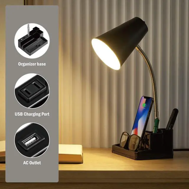 Alt view image 6 of 6 - E26 Desk Lamp with 1 USB Charging Port and 1 AC Outlet, Organizer Base, Adjustable Neck, On/Off Switch, Modern Table Lamp for Reading, Working, Studying(Black)
