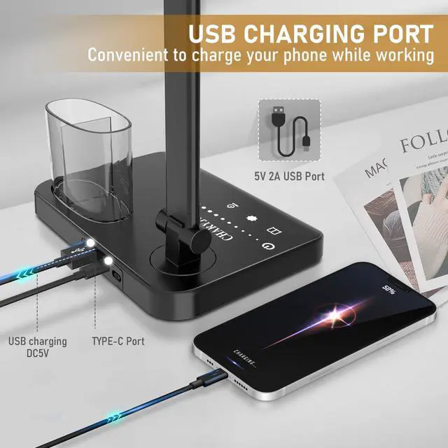 Alt view image 2 of 7 - Dimmable LED Desk Lamp with USB Charging Port, 50 Lighting Modes Dual Swing Arm Architect Table Lamp Light Desk Lamp for Home Office Dorm Piano Nail