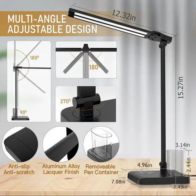 Alt view image 5 of 7 - Dimmable LED Desk Lamp with USB Charging Port, 50 Lighting Modes Dual Swing Arm Architect Table Lamp Light Desk Lamp for Home Office Dorm Piano Nail