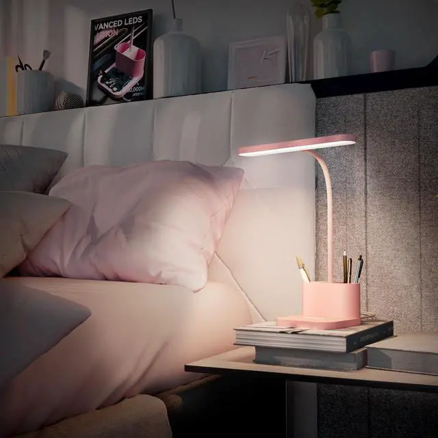 Alt view image 2 of 6 - Pink Desk Lamp for Home Office, Cute Table Lights for Bedrooms, Kawaii, Dimmable LED, Flexible Gooseneck, Pen Holder, Touch Control, Room College Dorm Essentials for Teen Girls Kids