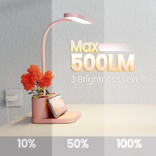Alt view image 3 of 6 - Pink Desk Lamp for Home Office, Cute Table Lights for Bedrooms, Kawaii, Dimmable LED, Flexible Gooseneck, Pen Holder, Touch Control, Room College Dorm Essentials for Teen Girls Kids
