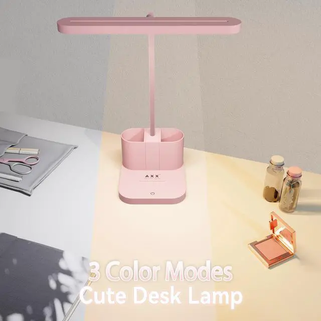 Alt view image 4 of 6 - Pink Desk Lamp for Home Office, Cute Table Lights for Bedrooms, Kawaii, Dimmable LED, Flexible Gooseneck, Pen Holder, Touch Control, Room College Dorm Essentials for Teen Girls Kids