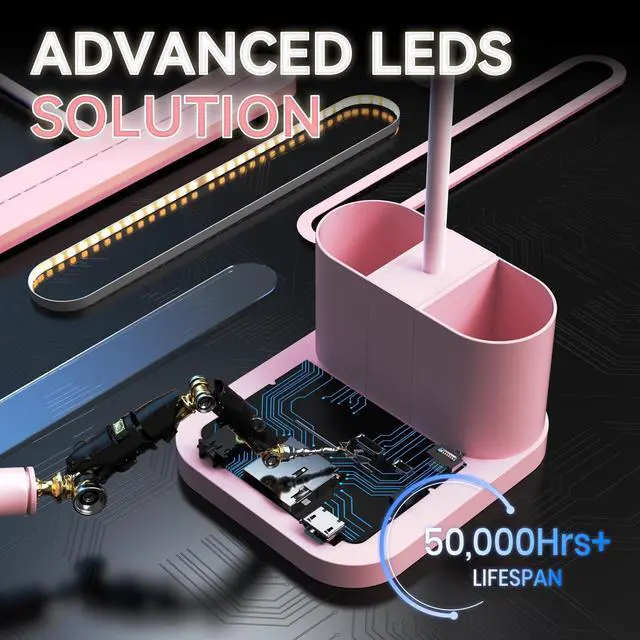Alt view image 5 of 6 - Pink Desk Lamp for Home Office, Cute Table Lights for Bedrooms, Kawaii, Dimmable LED, Flexible Gooseneck, Pen Holder, Touch Control, Room College Dorm Essentials for Teen Girls Kids