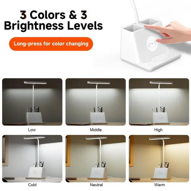 Alt view image 3 of 7 - 18 in Desk Lamp with Fast Wireless Charger for College Dorm Room, Adjustable LED Table Light for Home Office, White, Small, Cute
