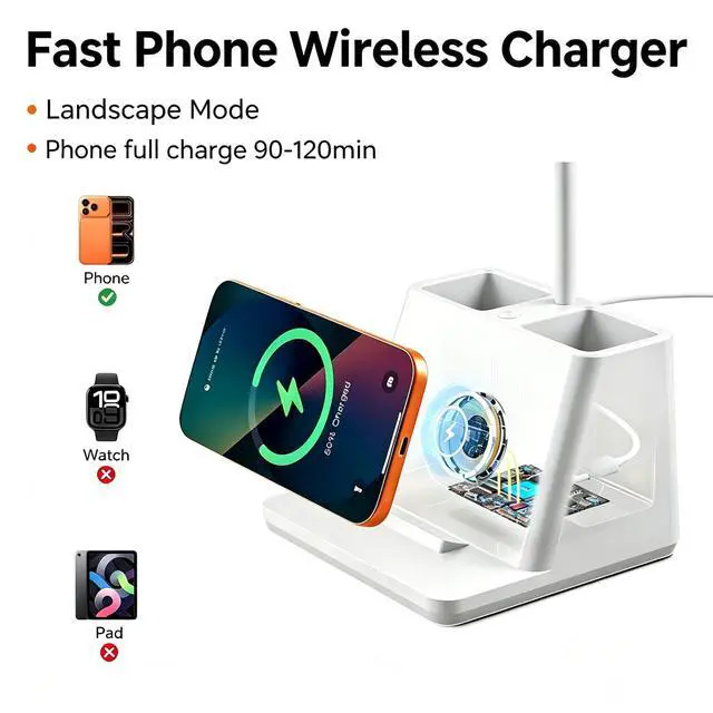 Alt view image 4 of 7 - 18 in Desk Lamp with Fast Wireless Charger for College Dorm Room, Adjustable LED Table Light for Home Office, White, Small, Cute
