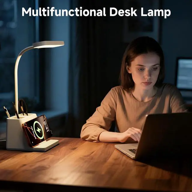 Alt view image 2 of 7 - 18 in Desk Lamp with Fast Wireless Charger for College Dorm Room, Adjustable LED Table Light for Home Office, White, Small, Cute