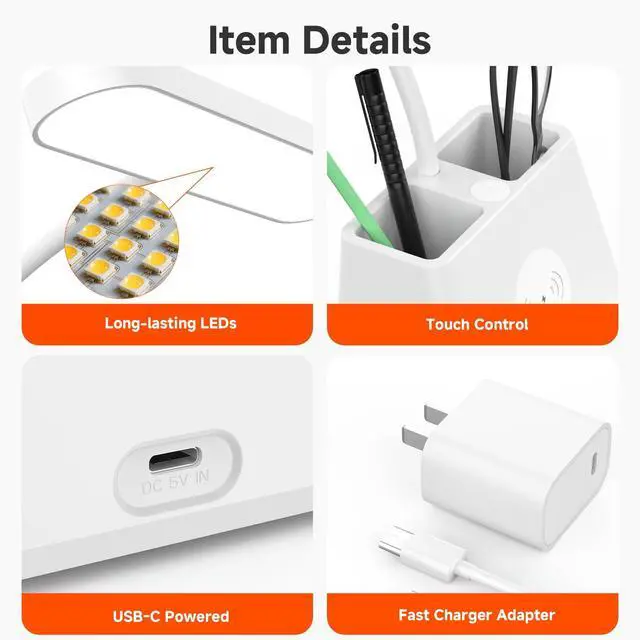 Alt view image 6 of 7 - 18 in Desk Lamp with Fast Wireless Charger for College Dorm Room, Adjustable LED Table Light for Home Office, White, Small, Cute