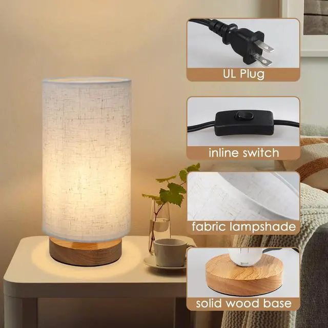 Alt view image 5 of 7 - Small Bedside Night Table Lamp for Bedroom, Minimalist Nightstand Lamp with Round Fabric Linen Shade, Study Reading Desk Lamp for Kids Room, Living Room, College Dorm, Home, Office