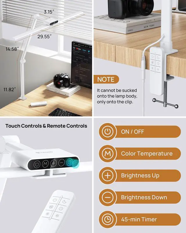 Alt view image 5 of 6 - LED Desk Lamp with Clamp, 29.55'' Tall Desk Light with Remote, 1500LM Bright Table Lamp, Swing Arm Clip on Light, Eye-Caring, Touch Control Dimmable for Home Office Monitor Reading Study Task