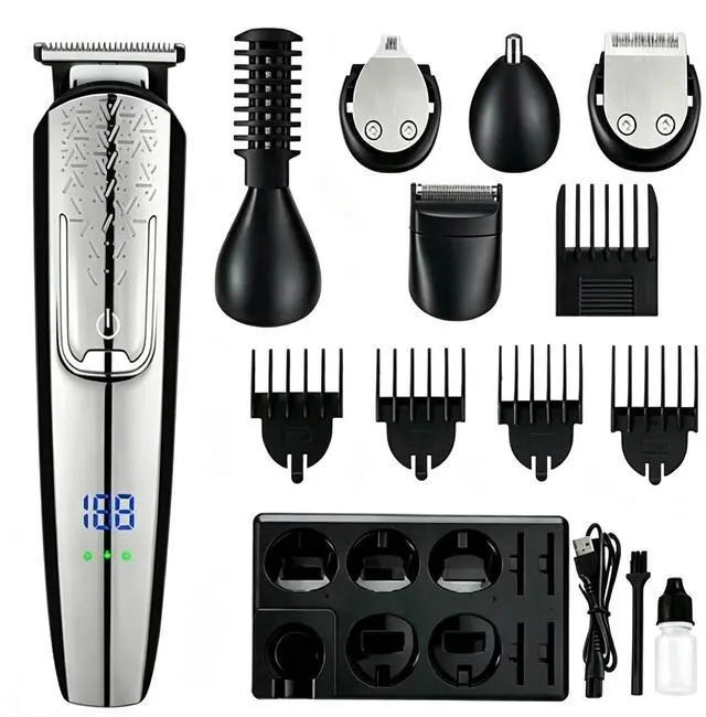 Main image of Hair Clippers for Men Cordless Beard Trimmer Electric Shaver Grooming Kit with LCD Display, 5 Replaceable Heads, 4 Guide Combs, USB Rechargeable Haircutting Machine for Family Use