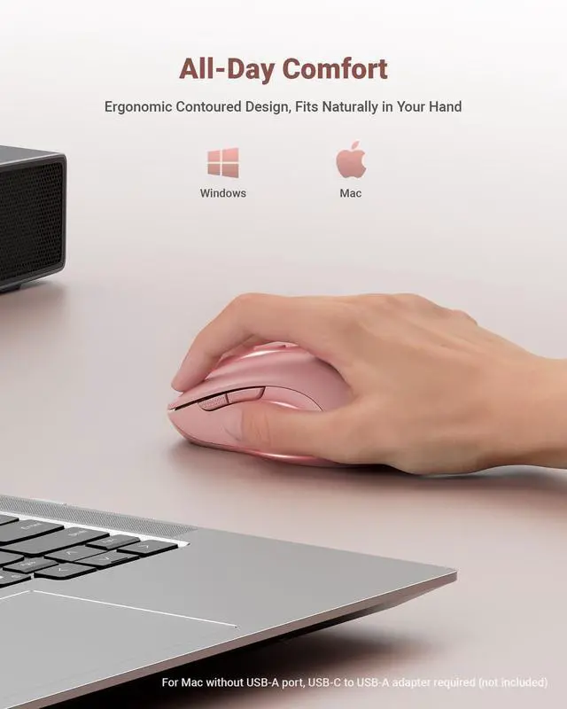 Alt view image 6 of 7 - USB Wireless Mouse for Laptop PC Mac, 2.4GHz Cordless Mouse with 6 Buttons, 5-Level Adjustable 4000 DPI, Ergonomic Portable Optical Computer Mice, 24-Month Battery Life-Pink