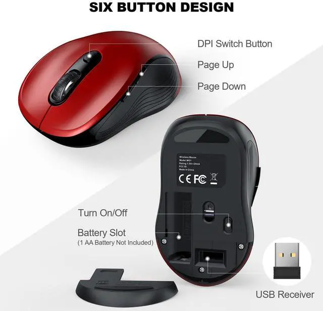 Alt view image 5 of 7 - 2.4G Wireless Mouse for Laptop, Ergonomic Computer Mouse with USB Receiver and Type-C Adapter, 6 Button Cordless Mouse Wireless Mice for Windows Mac PC Notebook (Red)