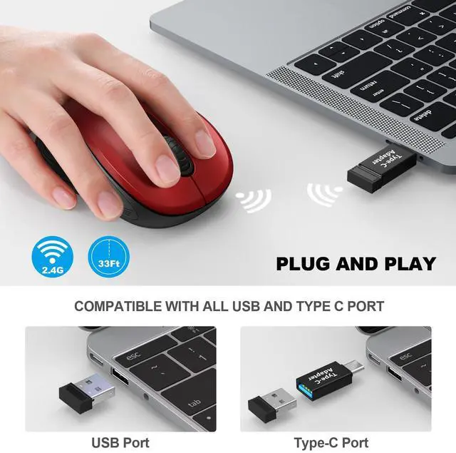 Alt view image 2 of 7 - 2.4G Wireless Mouse for Laptop, Ergonomic Computer Mouse with USB Receiver and Type-C Adapter, 6 Button Cordless Mouse Wireless Mice for Windows Mac PC Notebook (Red)