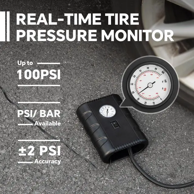 Alt view image 2 of 7 - Tire Inflator Portable Air Compressor, 12V DC with Analog Pressure Gauge, 100 PSI Fast Inflation Air Pump for Car Tires, Motorcycle, Bicycle, Balls & Inflatables, Compact Emergency Tire Pump