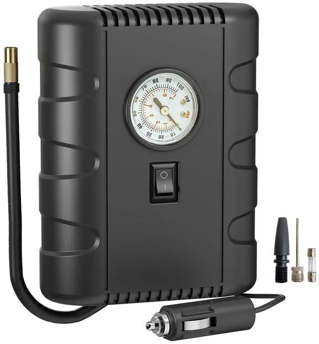 Main image of Tire Inflator Portable Air Compressor, 12V DC with Analog Pressure Gauge, 100 PSI Fast Inflation Air Pump for Car Tires, Motorcycle, Bicycle, Balls & Inflatables, Compact Emergency Tire Pump