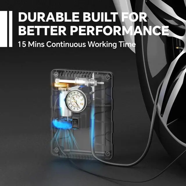 Alt view image 4 of 7 - Tire Inflator Portable Air Compressor, 12V DC with Analog Pressure Gauge, 100 PSI Fast Inflation Air Pump for Car Tires, Motorcycle, Bicycle, Balls & Inflatables, Compact Emergency Tire Pump