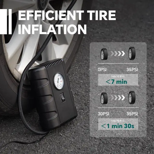 Alt view image 3 of 7 - Tire Inflator Portable Air Compressor, 12V DC with Analog Pressure Gauge, 100 PSI Fast Inflation Air Pump for Car Tires, Motorcycle, Bicycle, Balls & Inflatables, Compact Emergency Tire Pump