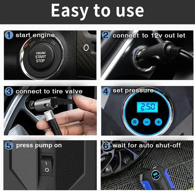 Alt view image 6 of 6 - Digital Air Compressor for Car Auto Pump Portable Tire Inflator with LED Light DC 12V, Blue